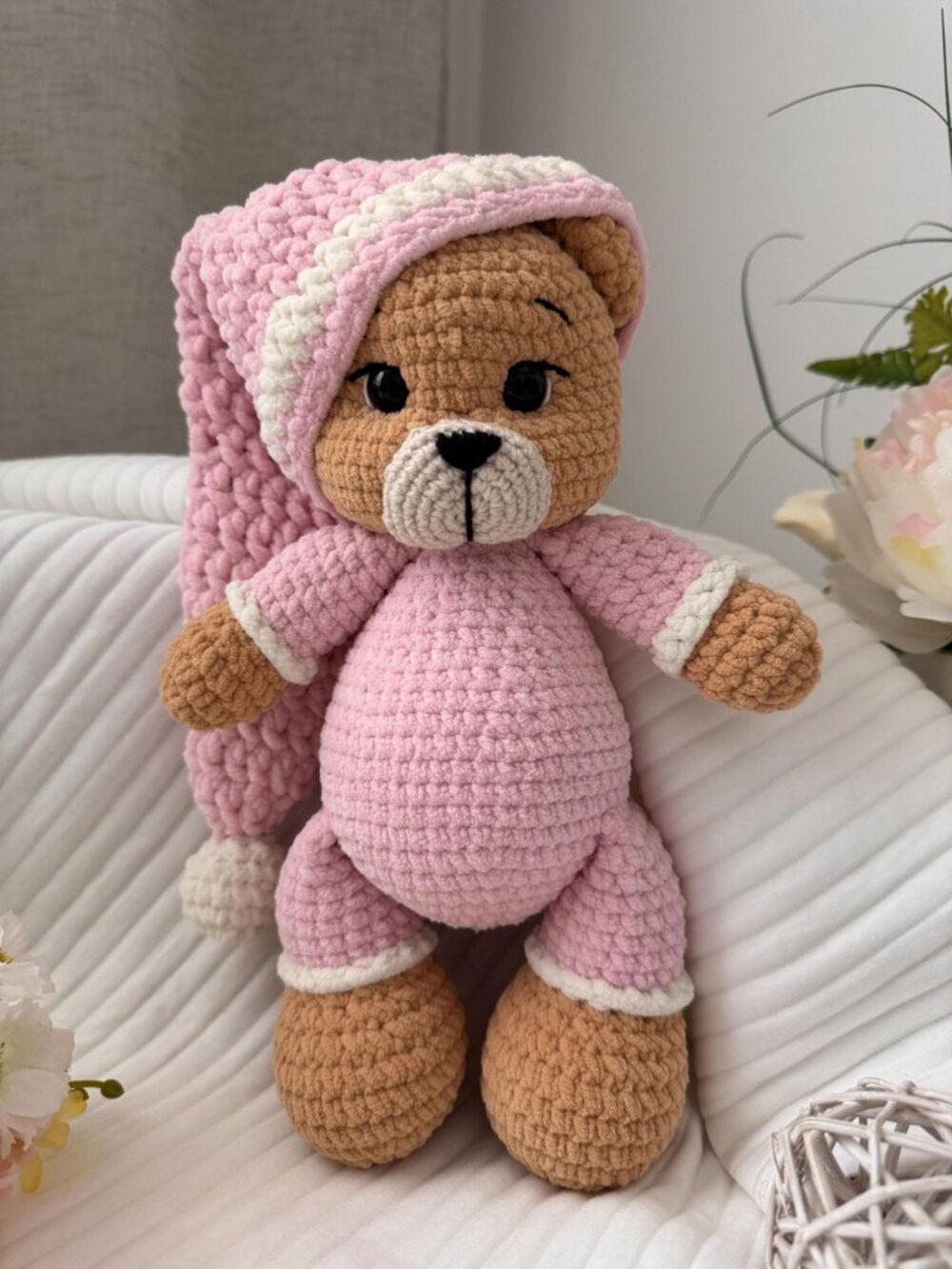 Handmade Crochet Teddy Bear, Sleepy Pajama Plush Toy, Amigurumi Brown Bear - Picture 3 of 7